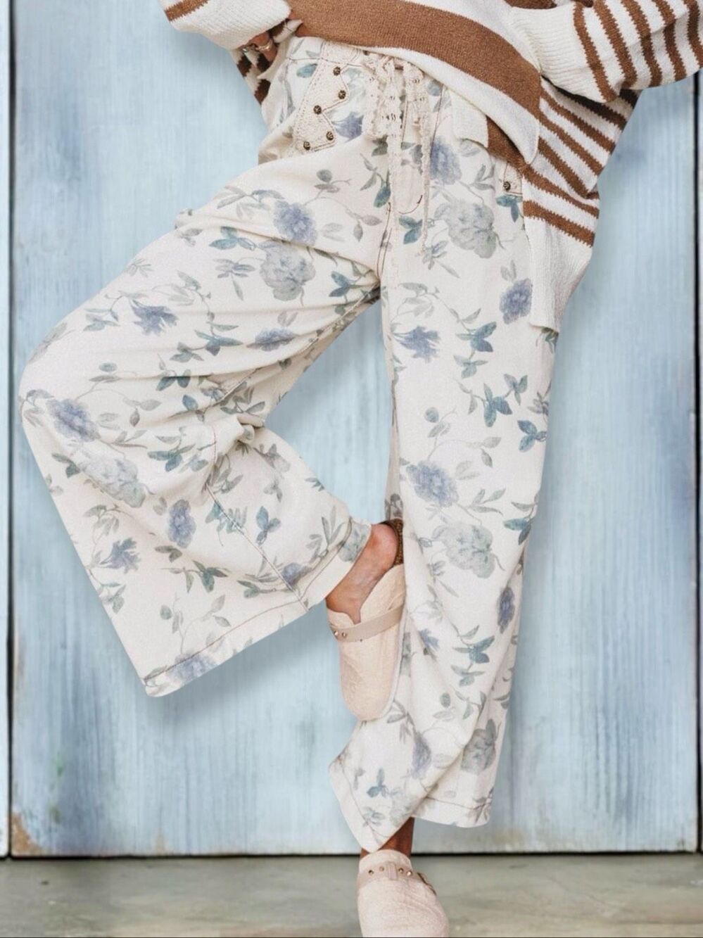 POL Cottagecore Floral Wide Leg Pants Boho Crochet Lace Studded Cotton Large - Picture 8 of 15